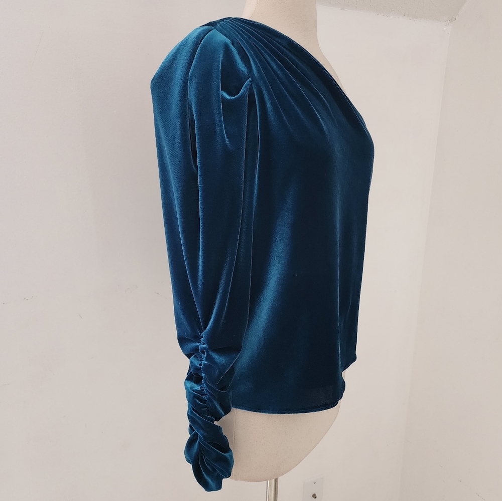 ML Monique Lhuillier One Shoulder Velvet Top Ruched Sleeve Blue Size S - Picture 6 of 15